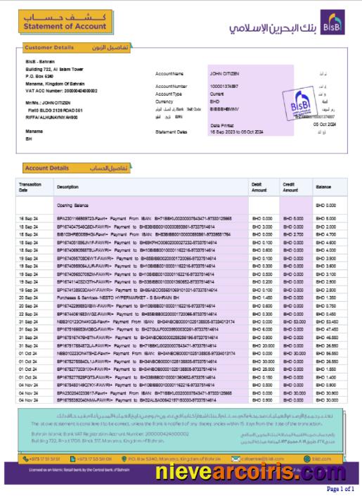 Bahrain BISB bank statement Word and PDF